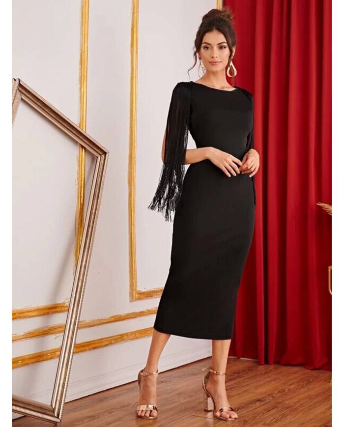 VESTIDO LARGO MANGA FLECOS MB