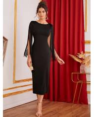 VESTIDO LARGO MANGA FLECOS MB