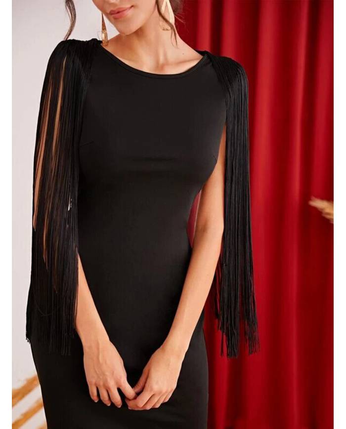 VESTIDO LARGO MANGA FLECOS MB